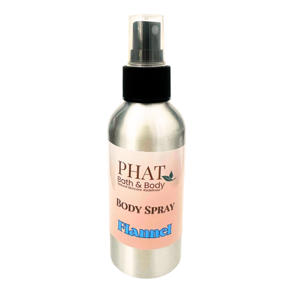 Body spray bottle labeled 'PHAT Bath & Body' with 'Flannel' on a white background
