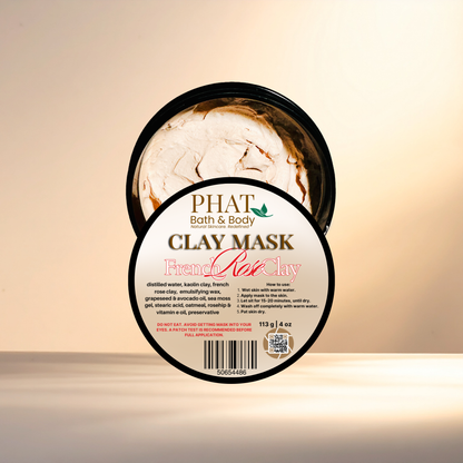 Clay mask container with label on a beige background