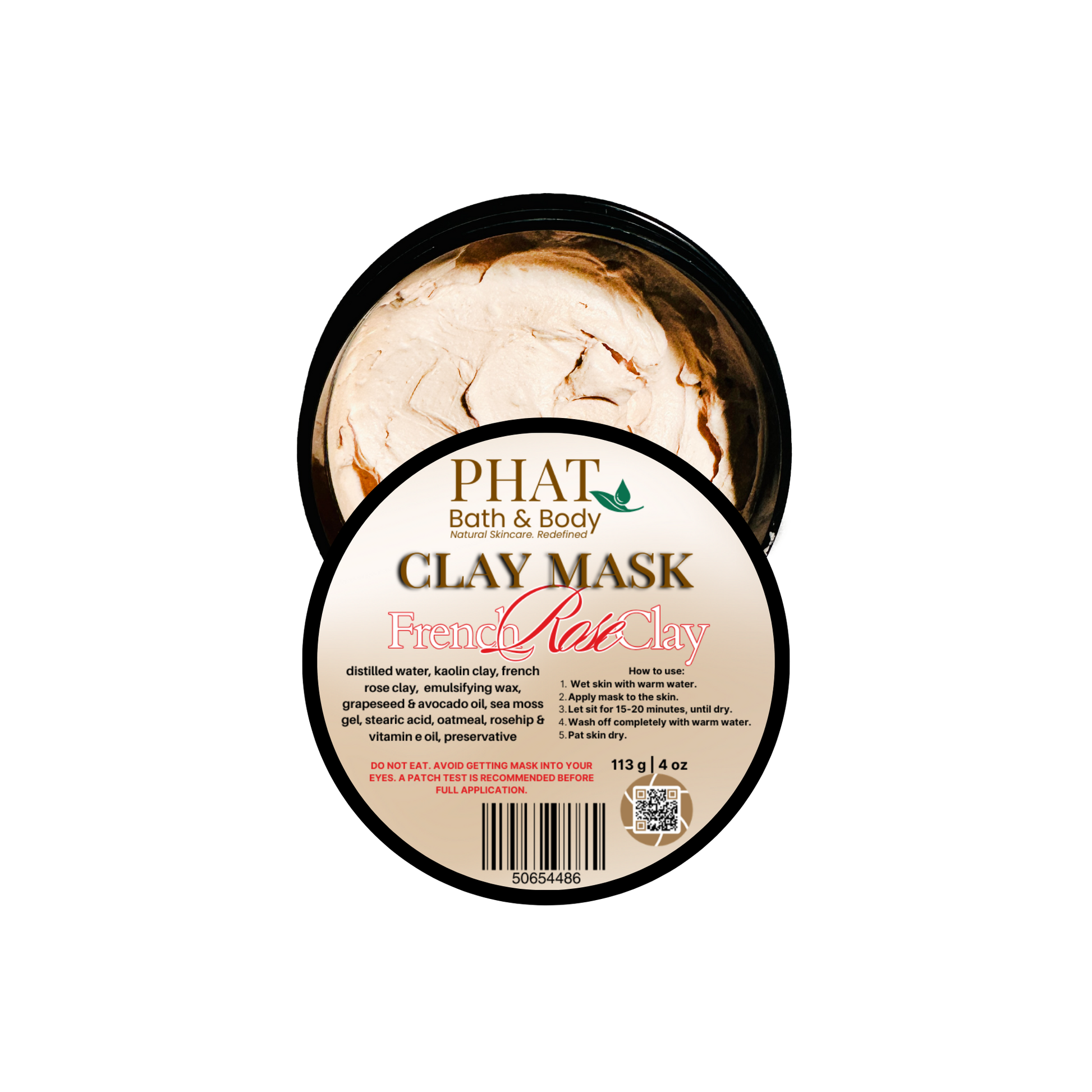 Clay mask in a container with 'Phat Bath & Body' branding on a white background