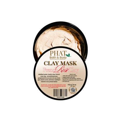 Clay mask in a container with 'Phat Bath & Body' branding on a white background