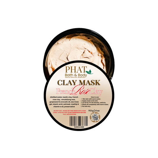 Clay mask in a container with 'Phat Bath & Body' branding on a white background
