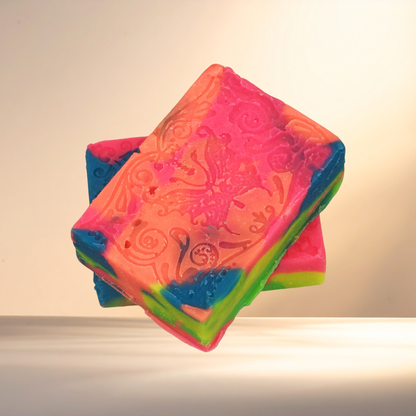 Colorful soap with embossed design on a neutral background