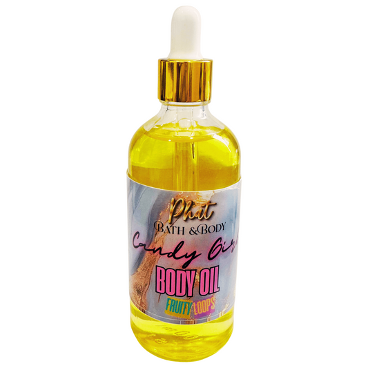 Bottle of Phat Bath & Body Candy Girl body oil with a dropper on a white background