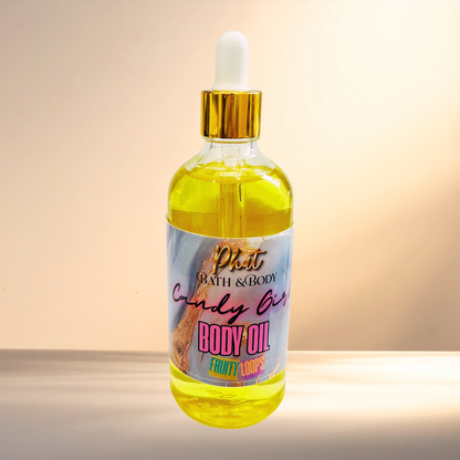 Bottle of body oil with a colorful label on a gradient background