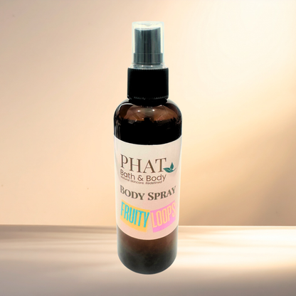 Body spray bottle with 'PHAT Bath & Body' label on a gradient background