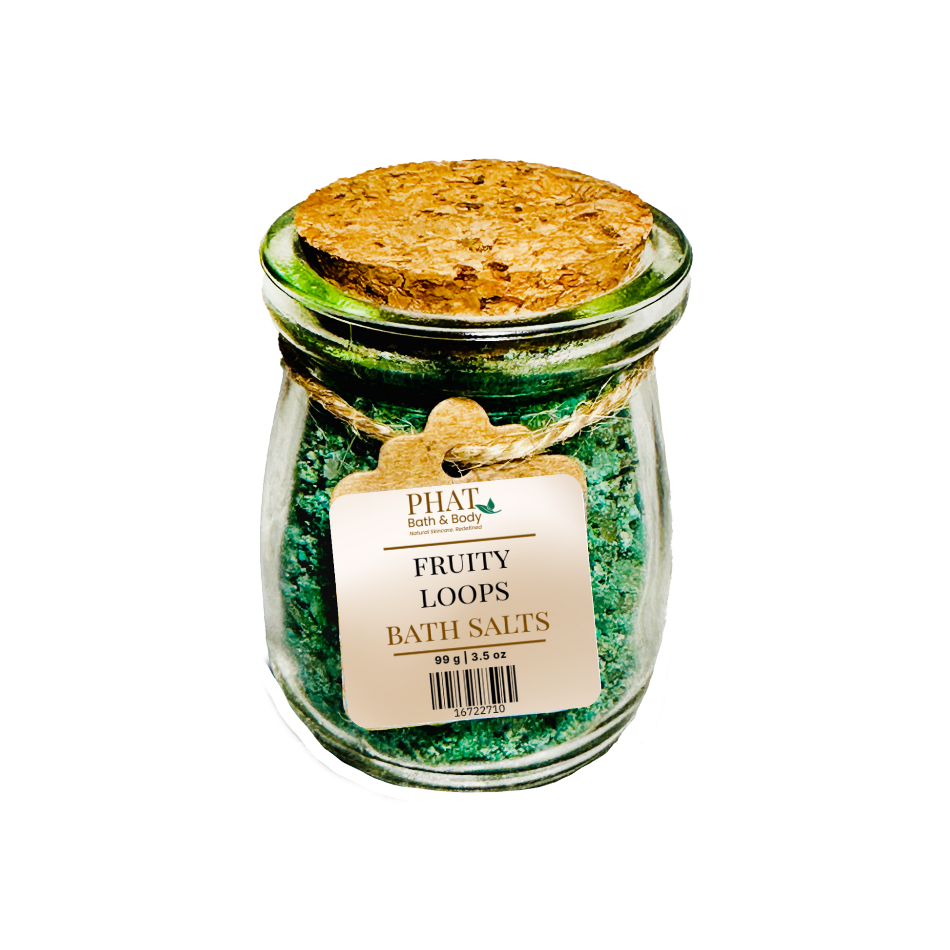 Jar of 'Fruity Loops' bath salts with a cork lid on a white background
