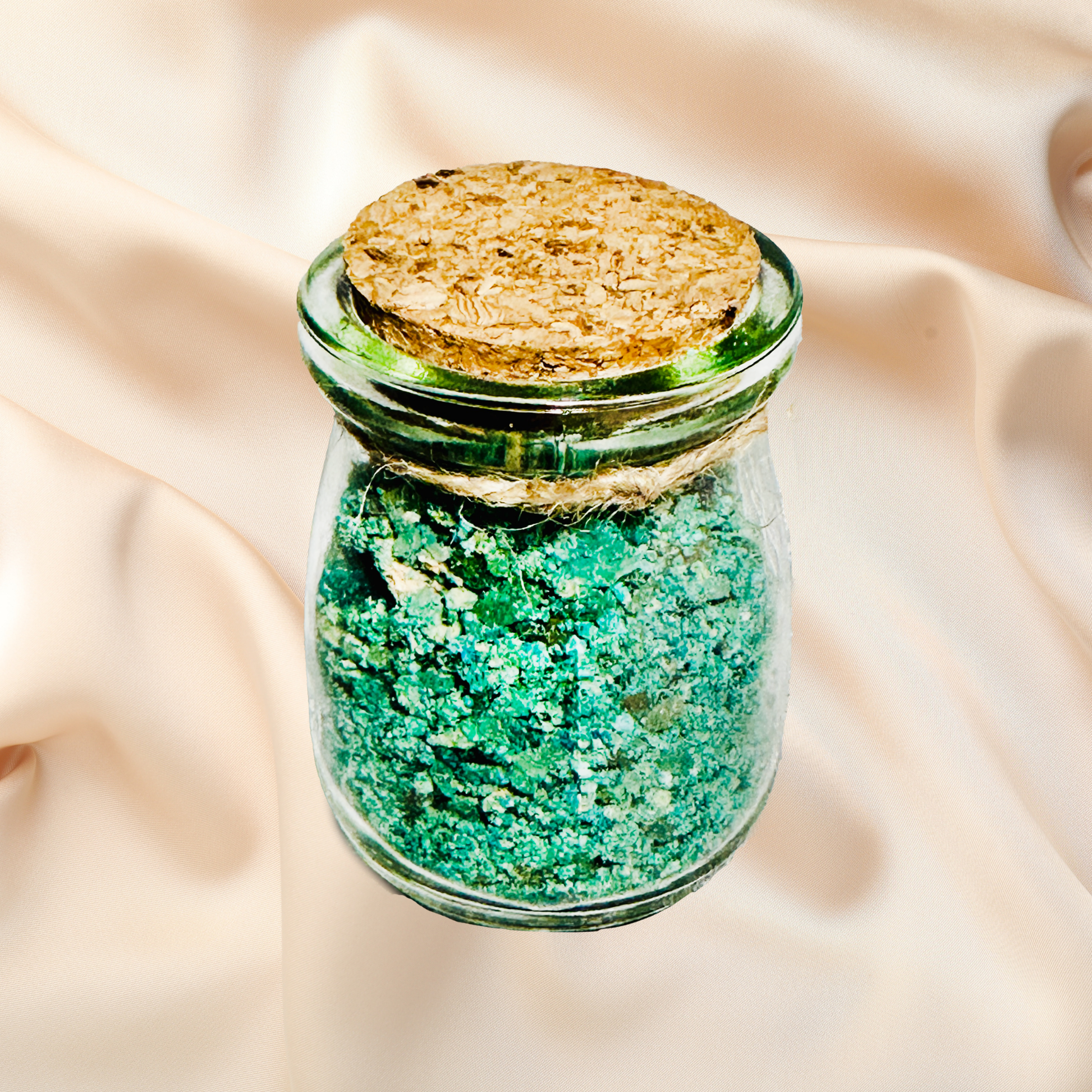 Glass jar with cork lid containing green bath salts on a beige fabric background