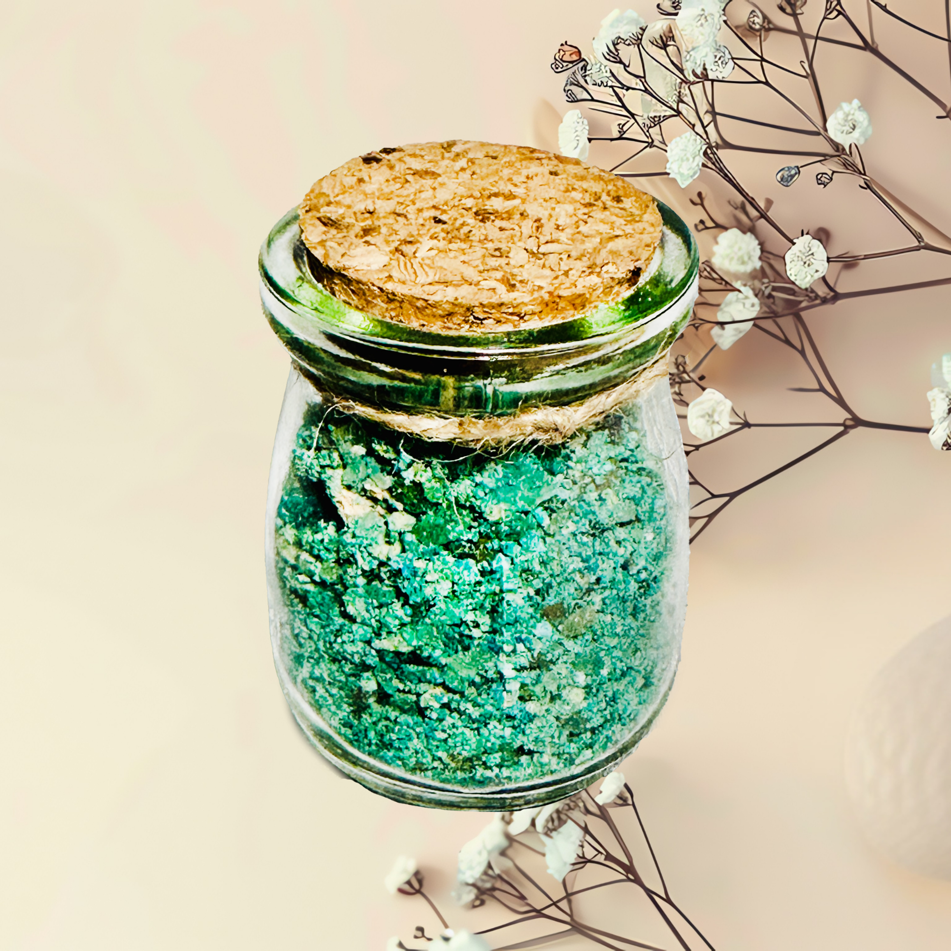 Glass jar with cork lid containing green bath salts, surrounded by dried flowers on a beige background