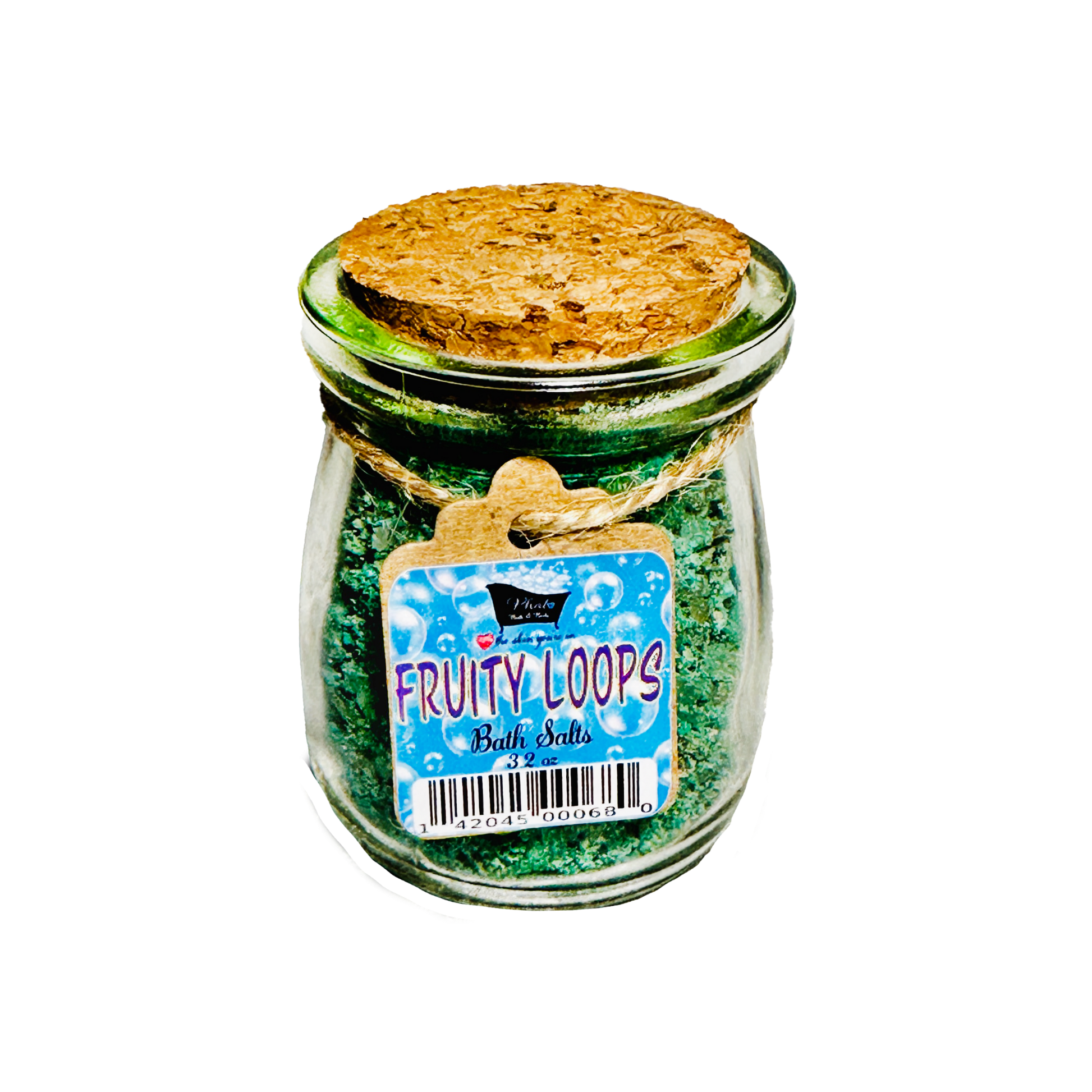 Jar of Fruity Loops bath salts with a cork lid on a white background