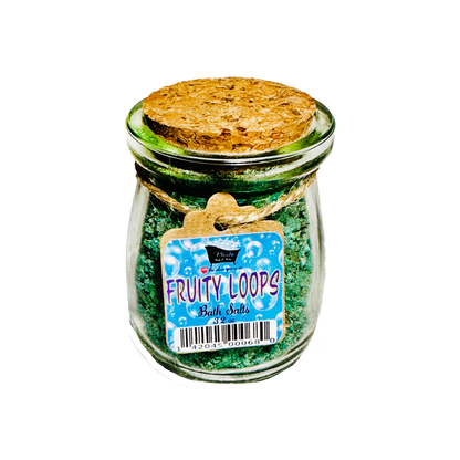 Jar of Fruity Loops bath salts with a cork lid on a white background