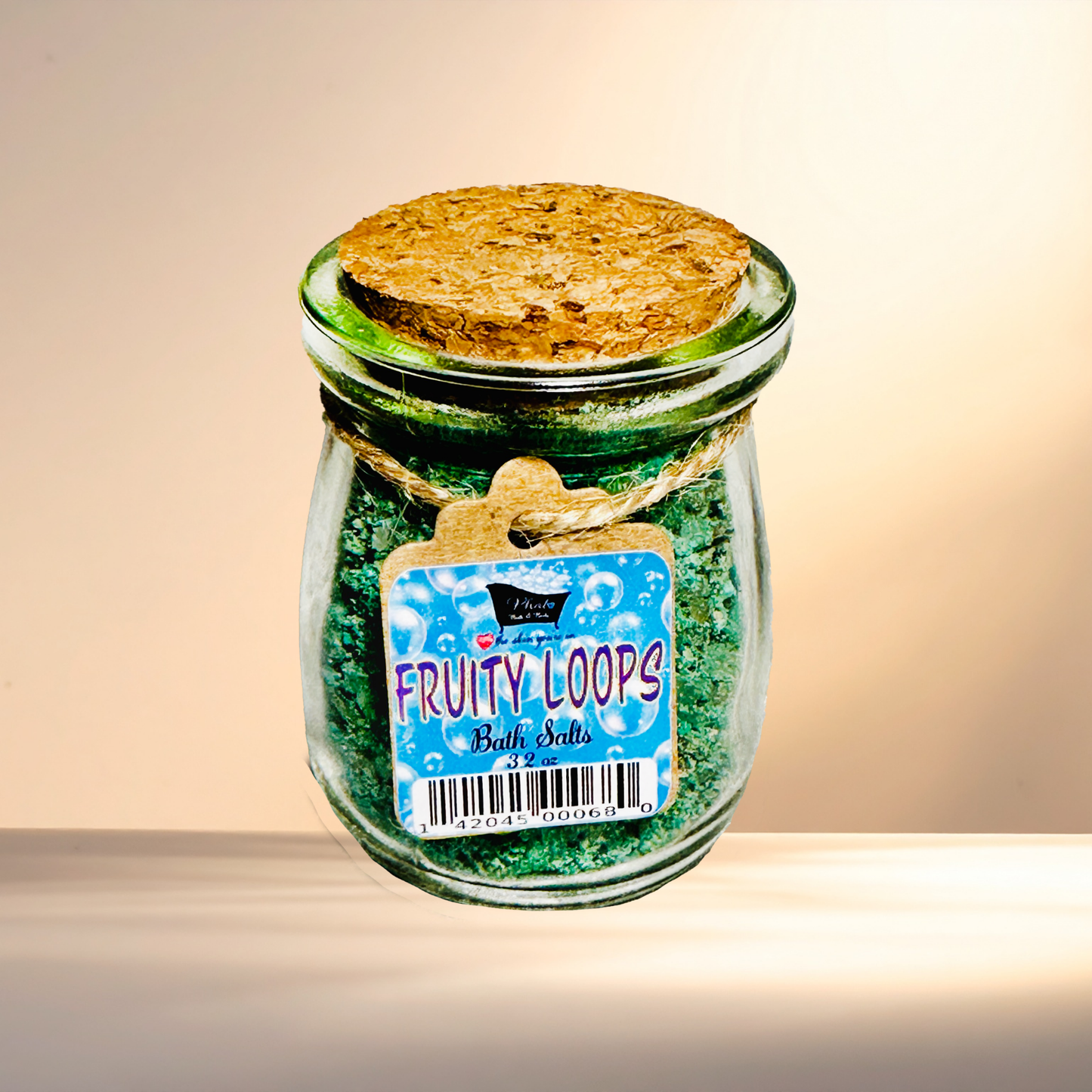 Jar of Fruity Loops bath salts with a label on a gradient background