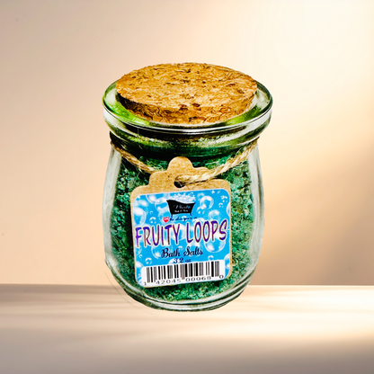 Jar of Fruity Loops bath salts with a label on a gradient background