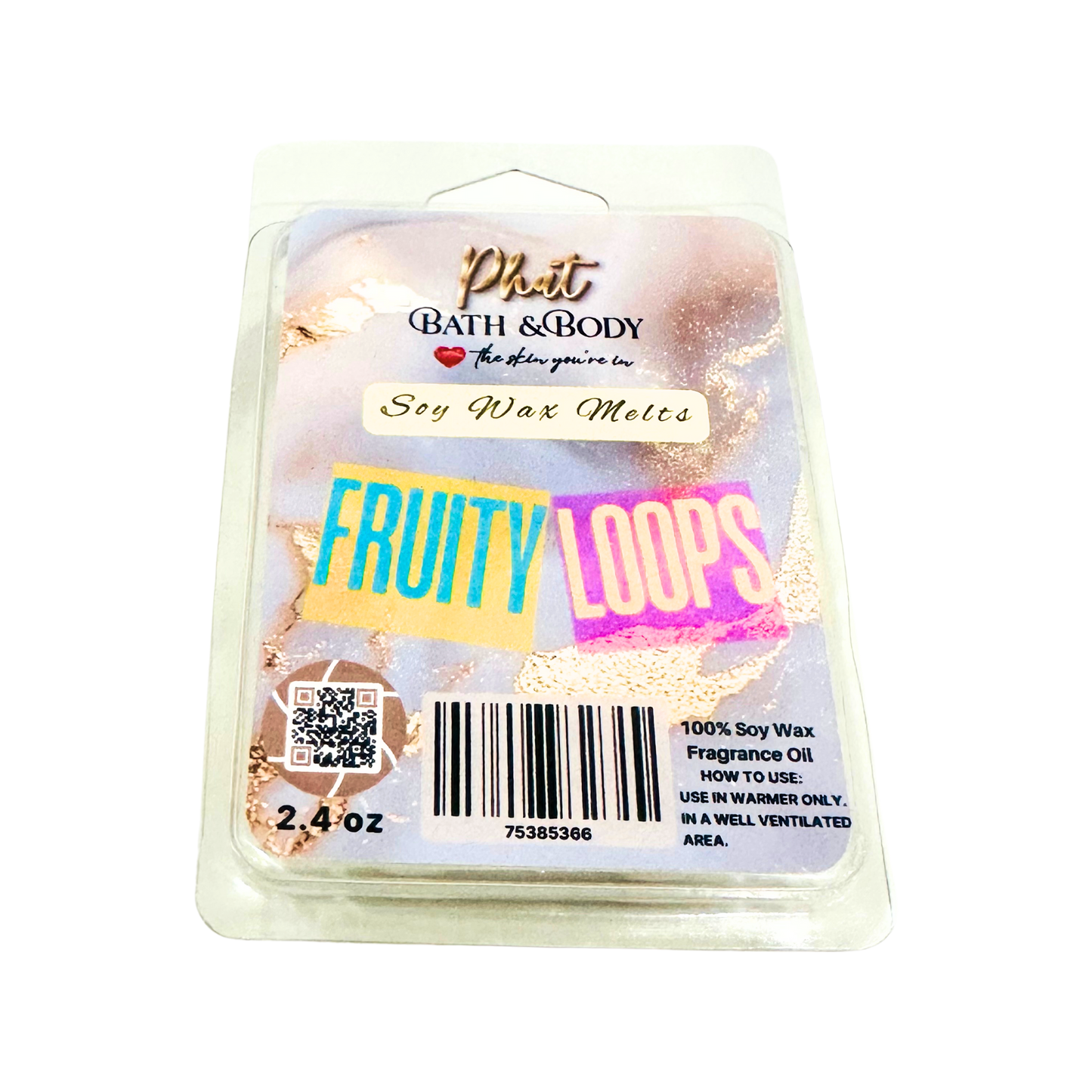 Packaged soy wax melts labeled 'Fruity Loops' with a brand name on a white background