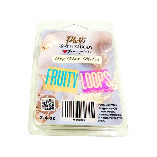 Packaged soy wax melts labeled 'Fruity Loops' with a brand name on a white background