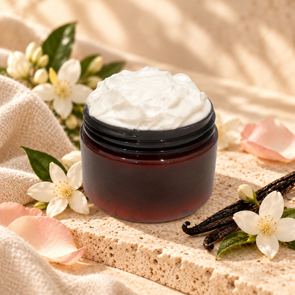Open jar of Phat Bath & Body Garden Jasmine Body Lotion with creamy white lotion surrounded by delicate jasmine and soft floral accents.