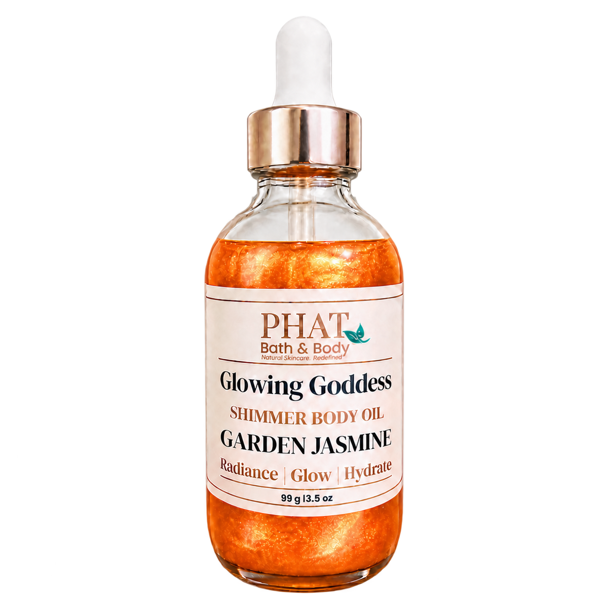 Phat Bath & Body Glowing Goddess Shimmer Body Oil in Garden Jasmine, 3.5 oz glass dropper bottle with luminous orange-gold shimmer oil.
