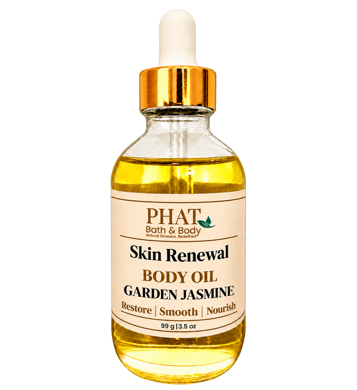 Phat Bath & Body Garden Jasmine Skin Renewal Body Oil, 3.5 oz golden body oil in a clear glass dropper bottle with a gold cap and cream label.