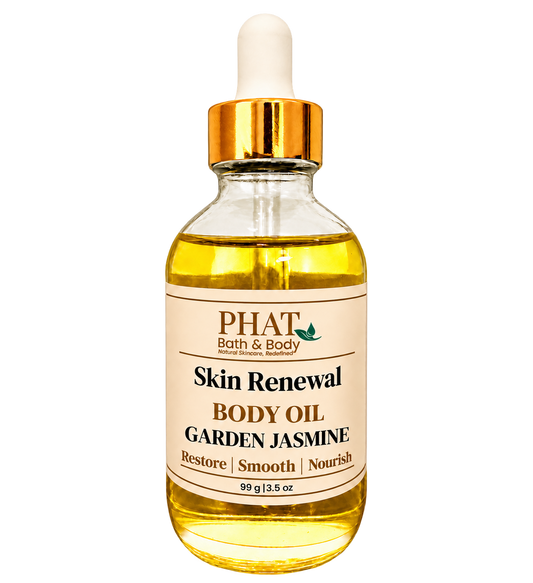 Phat Bath & Body Garden Jasmine Skin Renewal Body Oil, 3.5 oz golden body oil in a clear glass dropper bottle with a gold cap and cream label.