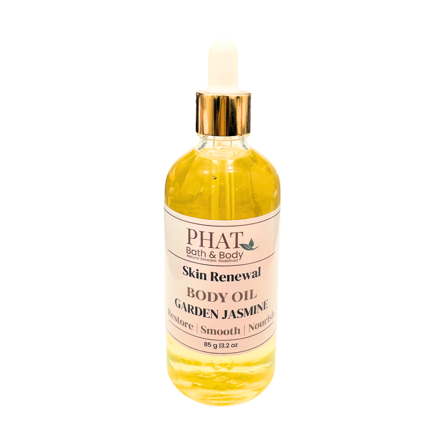 Bottle of Phat Bath & Body Skin Renewal Body Oil with Garden Jasmine fragrance on a white background