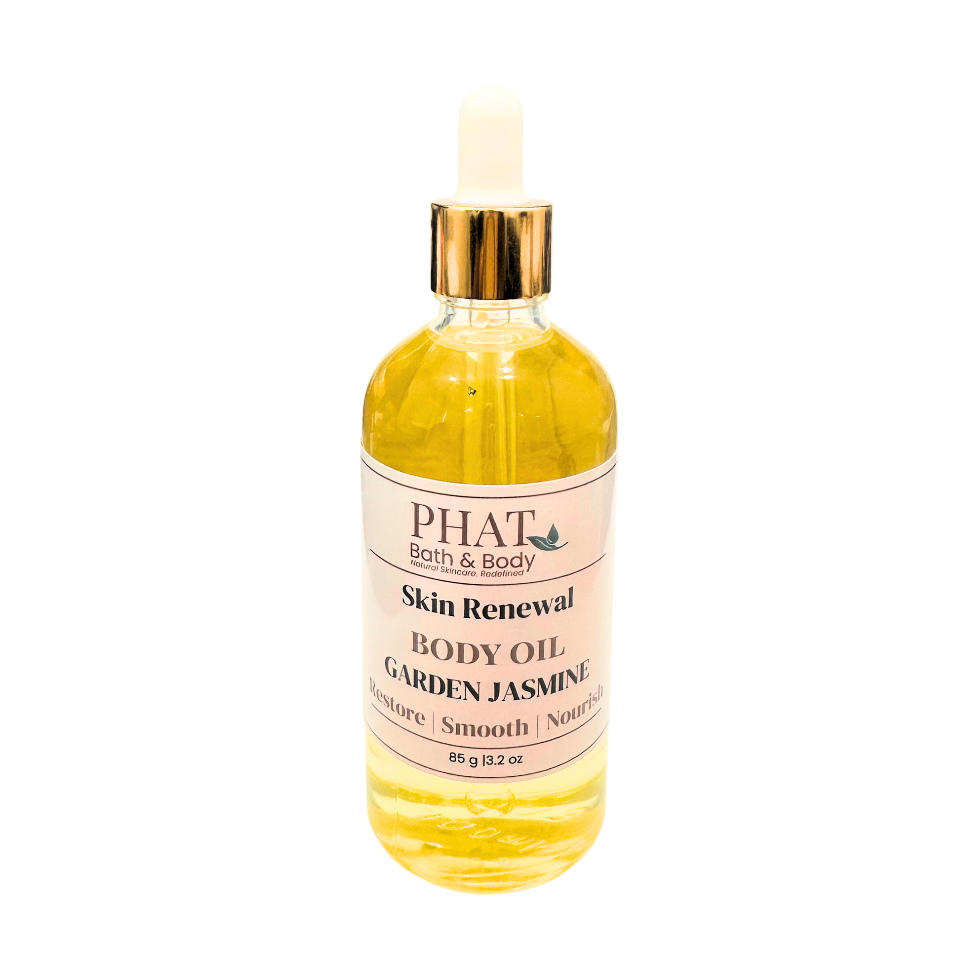 Bottle of Phat Bath & Body Skin Renewal Body Oil with Garden Jasmine fragrance on a white background