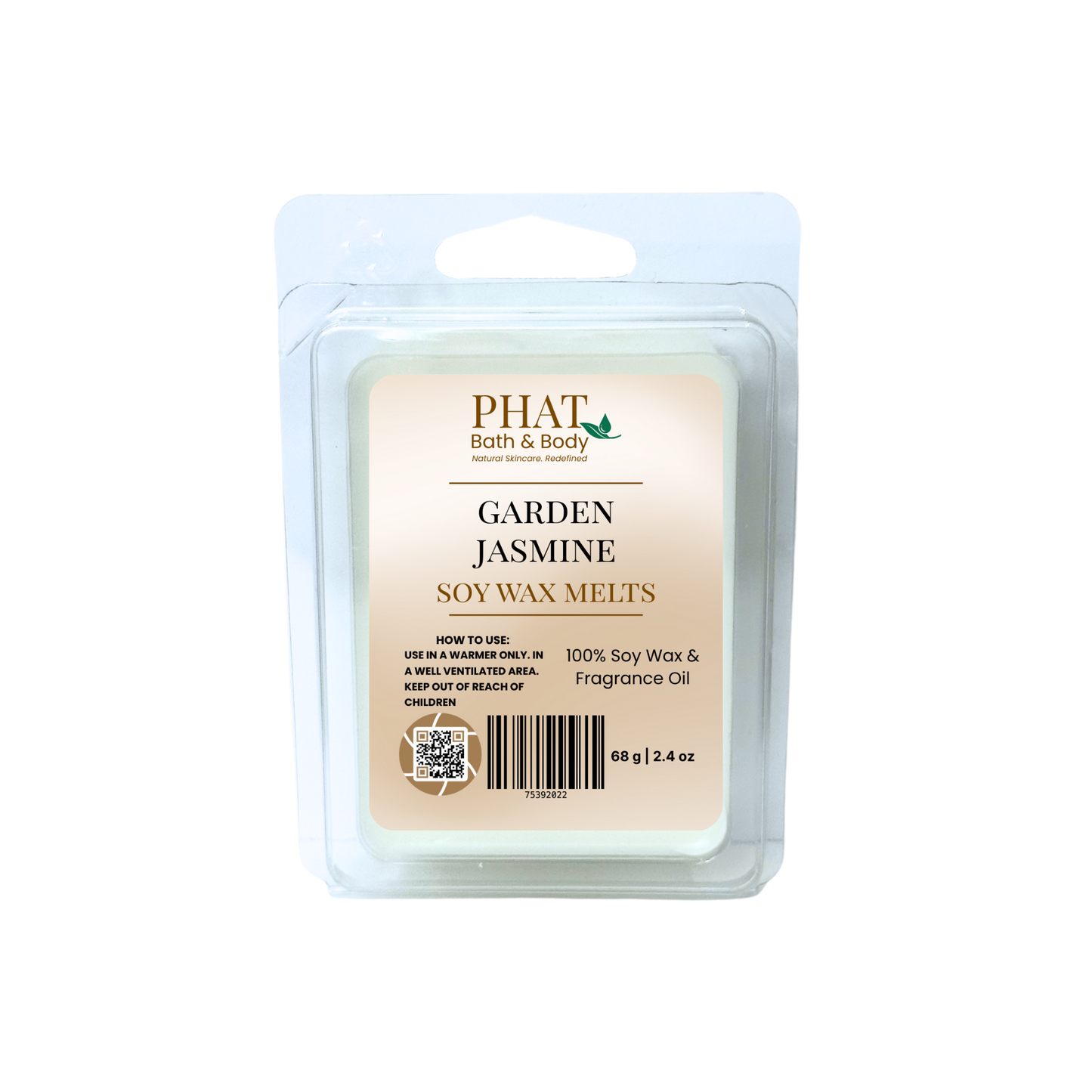 Garden Jasmine soy wax melts packaging with 'Phat Bath & Body' branding on a white background.