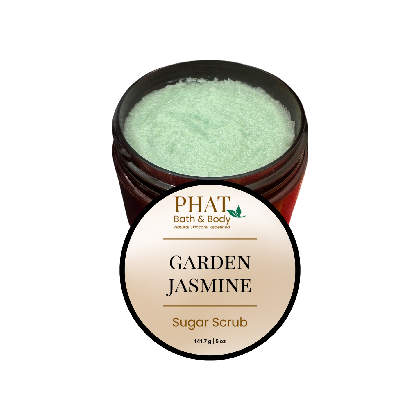 Jar of Garden Jasmine sugar scrub with 'Phat Bath & Body' label on a white background