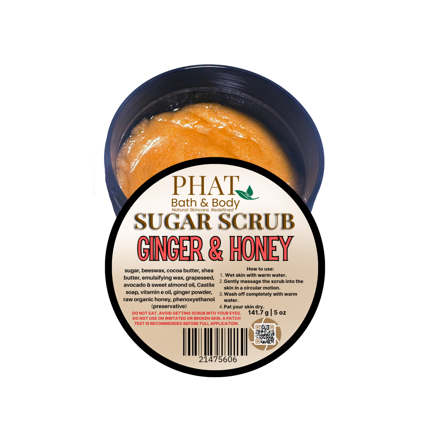 Ginger & Honey sugar scrub container with 'Phat Bath & Body' label on a white background