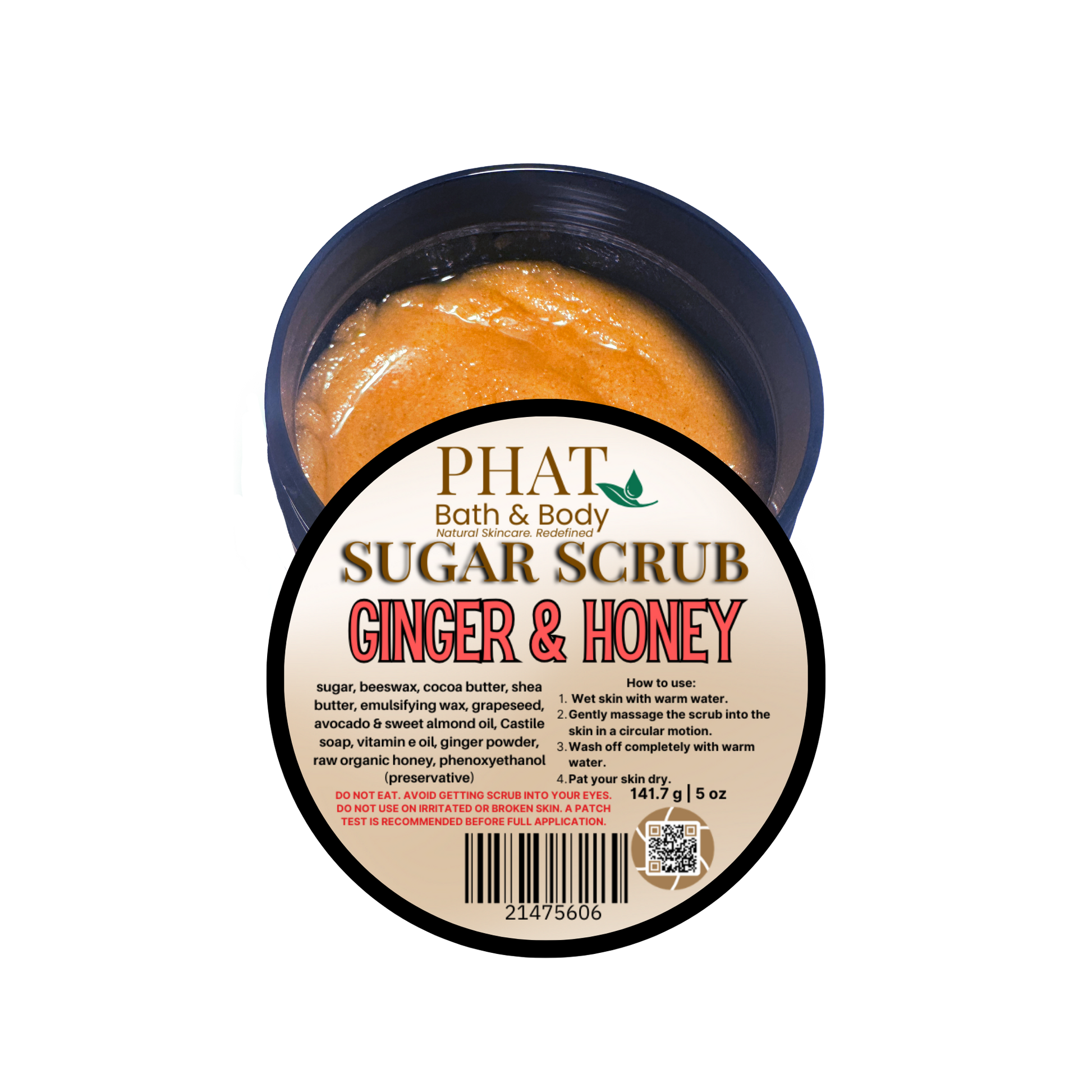 Ginger & Honey sugar scrub container with 'Phat Bath & Body' label on a white background