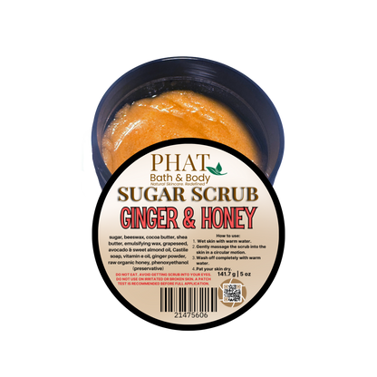 Ginger & Honey sugar scrub container with 'Phat Bath & Body' label on a white background