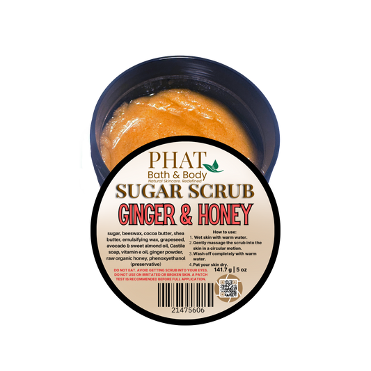 Ginger & Honey sugar scrub container with 'Phat Bath & Body' label on a white background