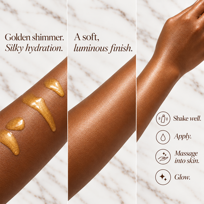 Phat Bath & Body Glowing Goddess Shimmer Body Oil shown on real skin before and after application with a soft luminous golden shimmer finish and directions to shake well, apply, massage into skin and glow.