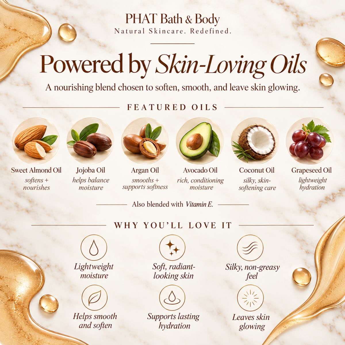 Phat Bath & Body Glowing Goddess Shimmer Body Oil ingredient and benefits graphic featuring sweet almond, coconut, avocado, grapeseed, jojoba, argan and vitamin E oils for lightweight moisture, softness and radiant-looking skin.