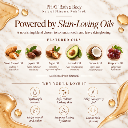 Phat Bath & Body Glowing Goddess Shimmer Body Oil ingredient and benefits graphic featuring sweet almond, coconut, avocado, grapeseed, jojoba, argan and vitamin E oils for lightweight moisture, softness and radiant-looking skin.