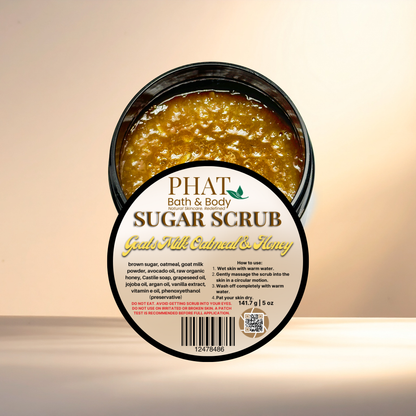 Jar of sugar scrub with a label on a beige background
