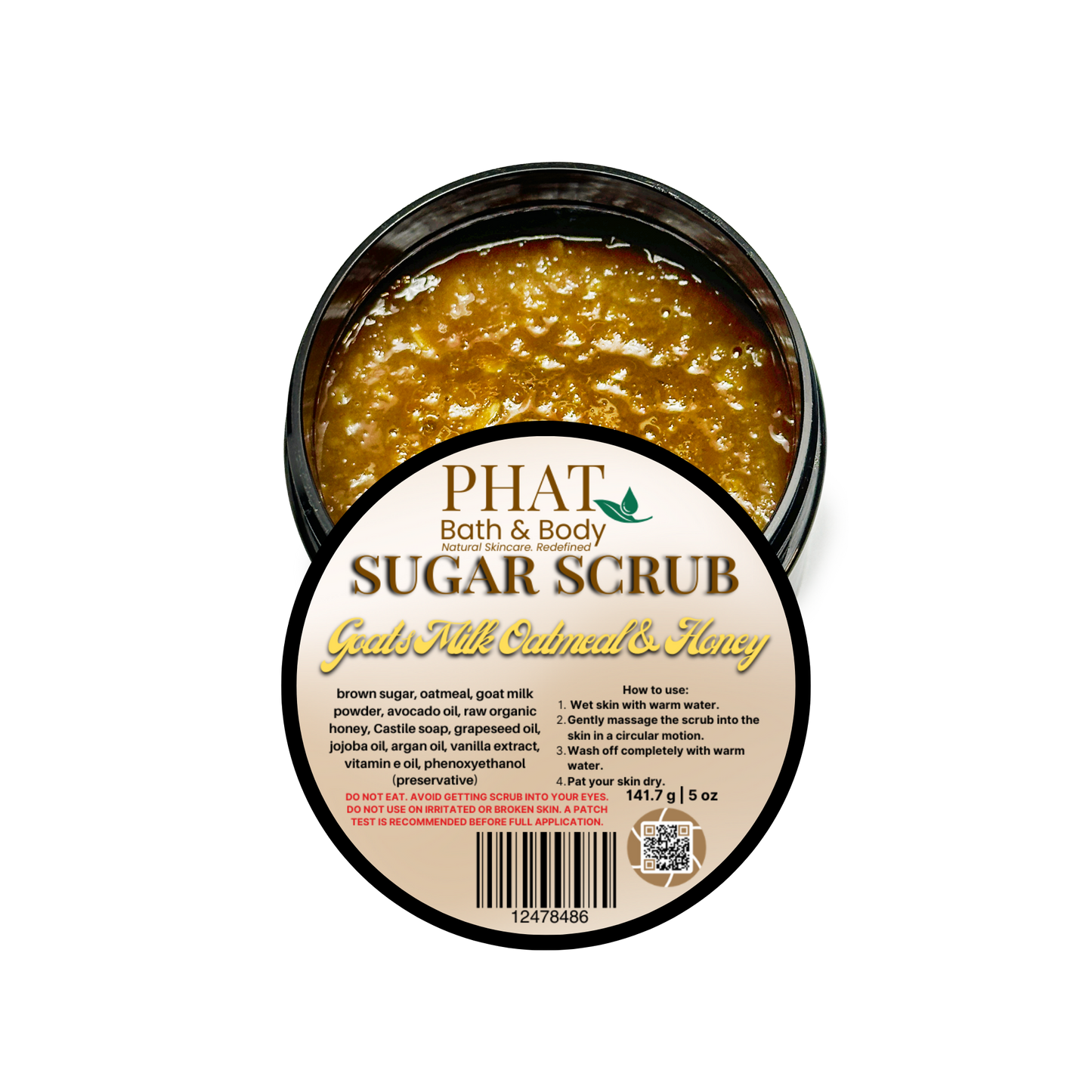 Jar of sugar scrub with a label on a white background