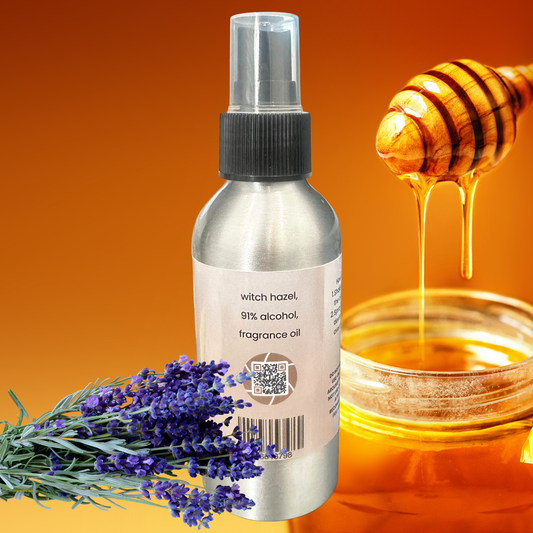 Bottle of body spray with lavender and honey on an orange background