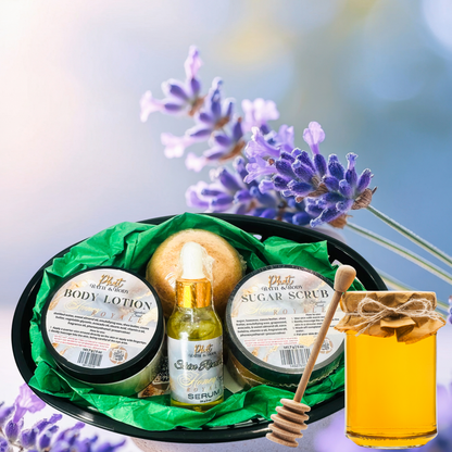 Skincare products including body lotion, serum, and sugar scrub with lavender flowers in the background.