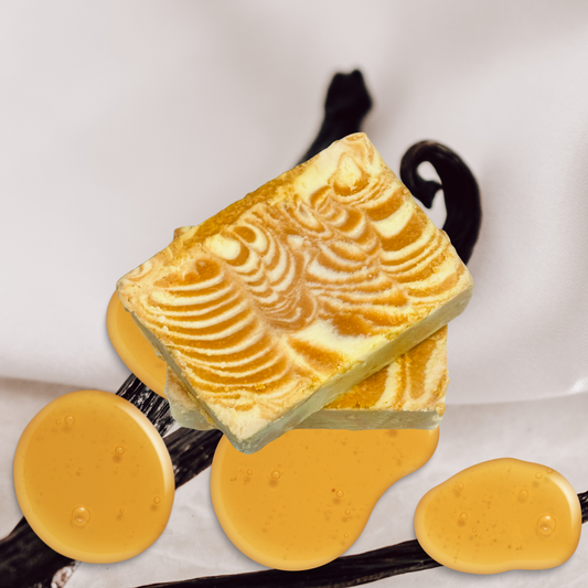 brown bar soap with a white swirl pattern on a white background