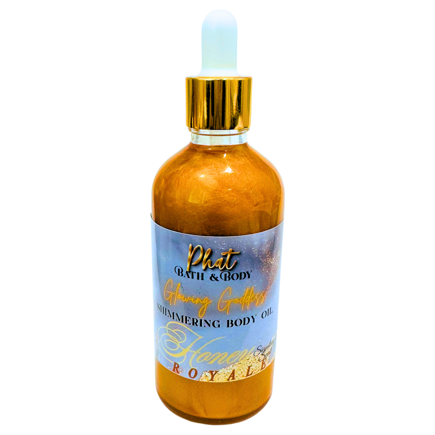 Bottle of Phat Bath & Body Shimmering Body Oil with a gold dropper on a white background