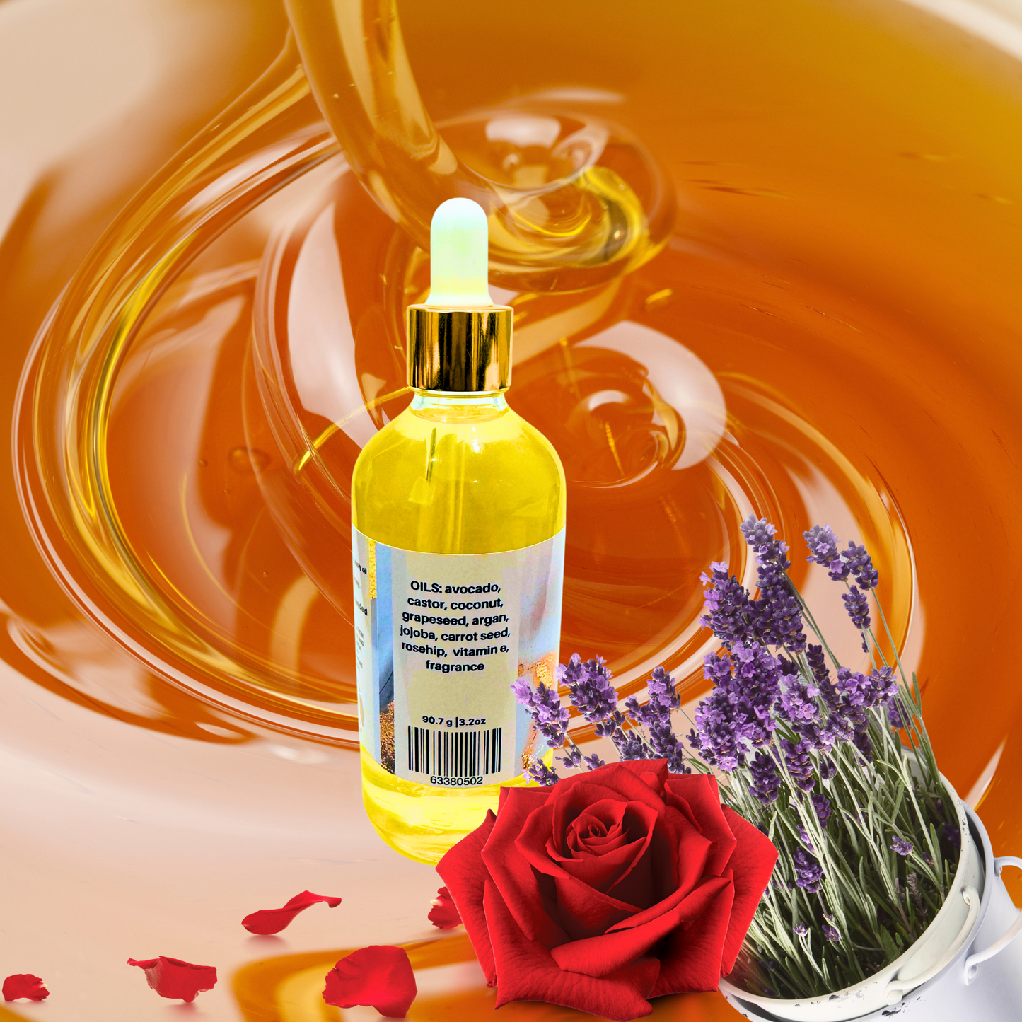 Bottle of body oil with a dropper, surrounded by red rose and lavender flowers on an honey background.