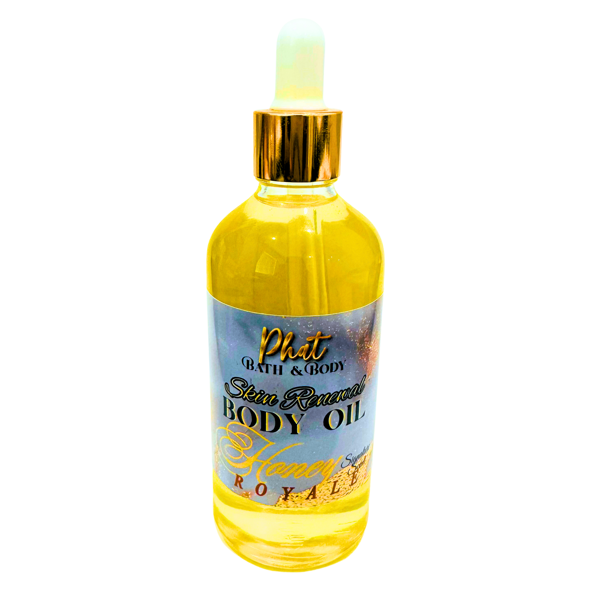 Bottle of Phat Bath & Body Honey Royale body oil on a white background
