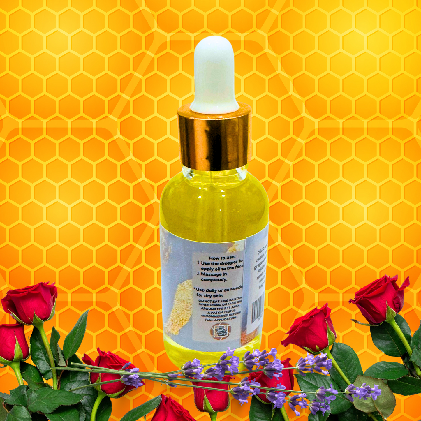 Bottle of yellow serum with dropper on a honeycomb pattern background with red roses and lavender.
