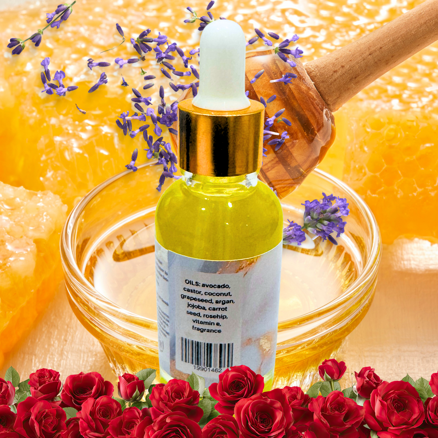 Bottle of oil with a dropper surrounded by honeycomb, lavender, and roses.
