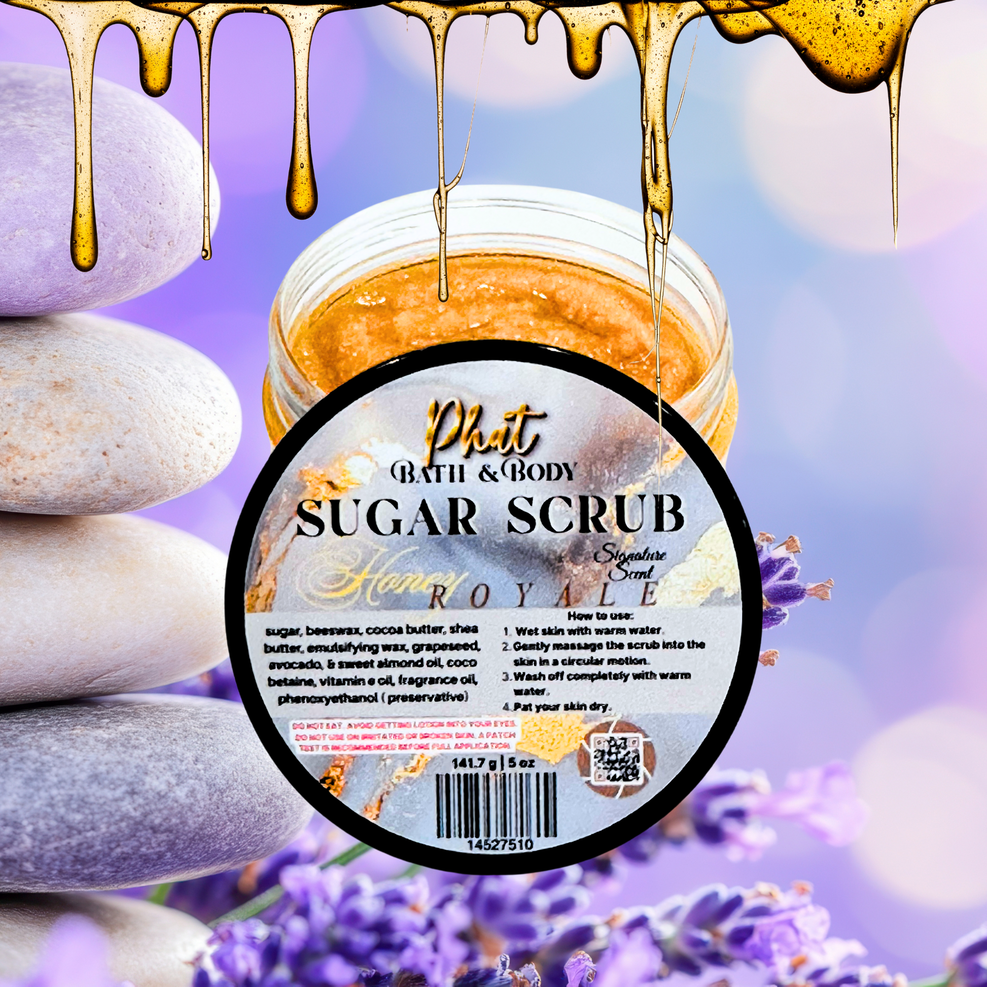 Jar of sugar scrub with honey drizzle, stones, and lavender flowers on a blurred background