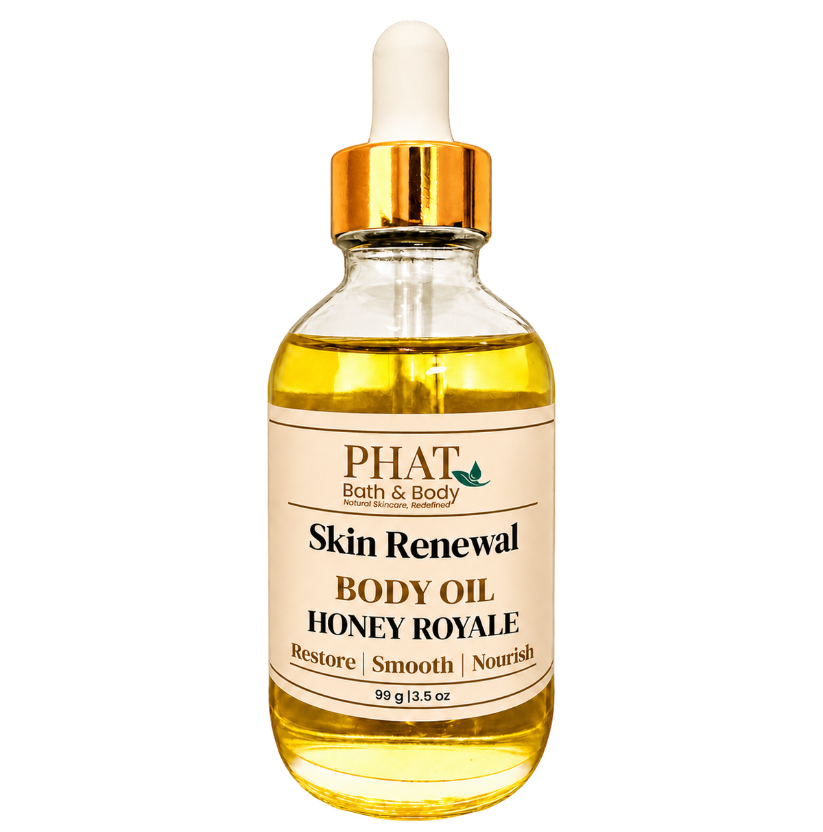 Phat Bath & Body Honey Royale Skin Renewal Body Oil, 3.5 oz golden body oil in a clear glass dropper bottle with a gold cap and cream label.