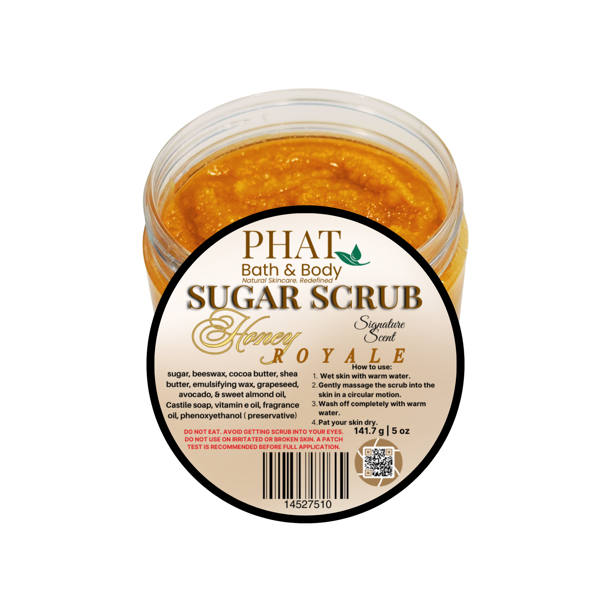 Jar of Phat Bath & Body sugar scrub with a white background
