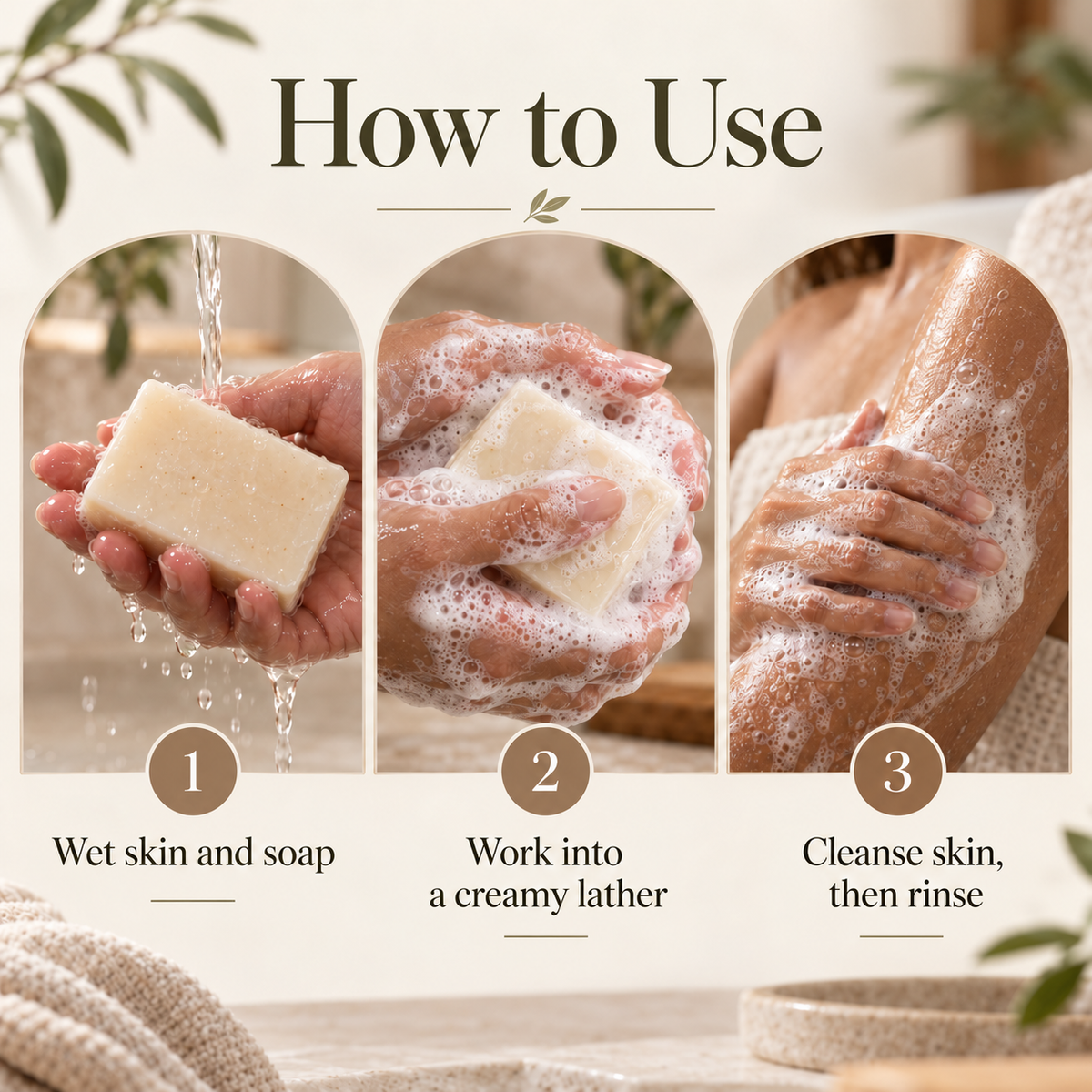 Three-step illustrated guide showing how to use handmade bar soap: wet skin and soap with water, work the bar into a creamy lather between hands, then cleanse skin and rinse thoroughly.
