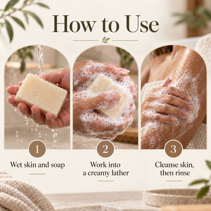 Three-step illustrated guide showing how to use handmade bar soap: wet skin and soap with water, work the bar into a creamy lather between hands, then cleanse skin and rinse thoroughly.