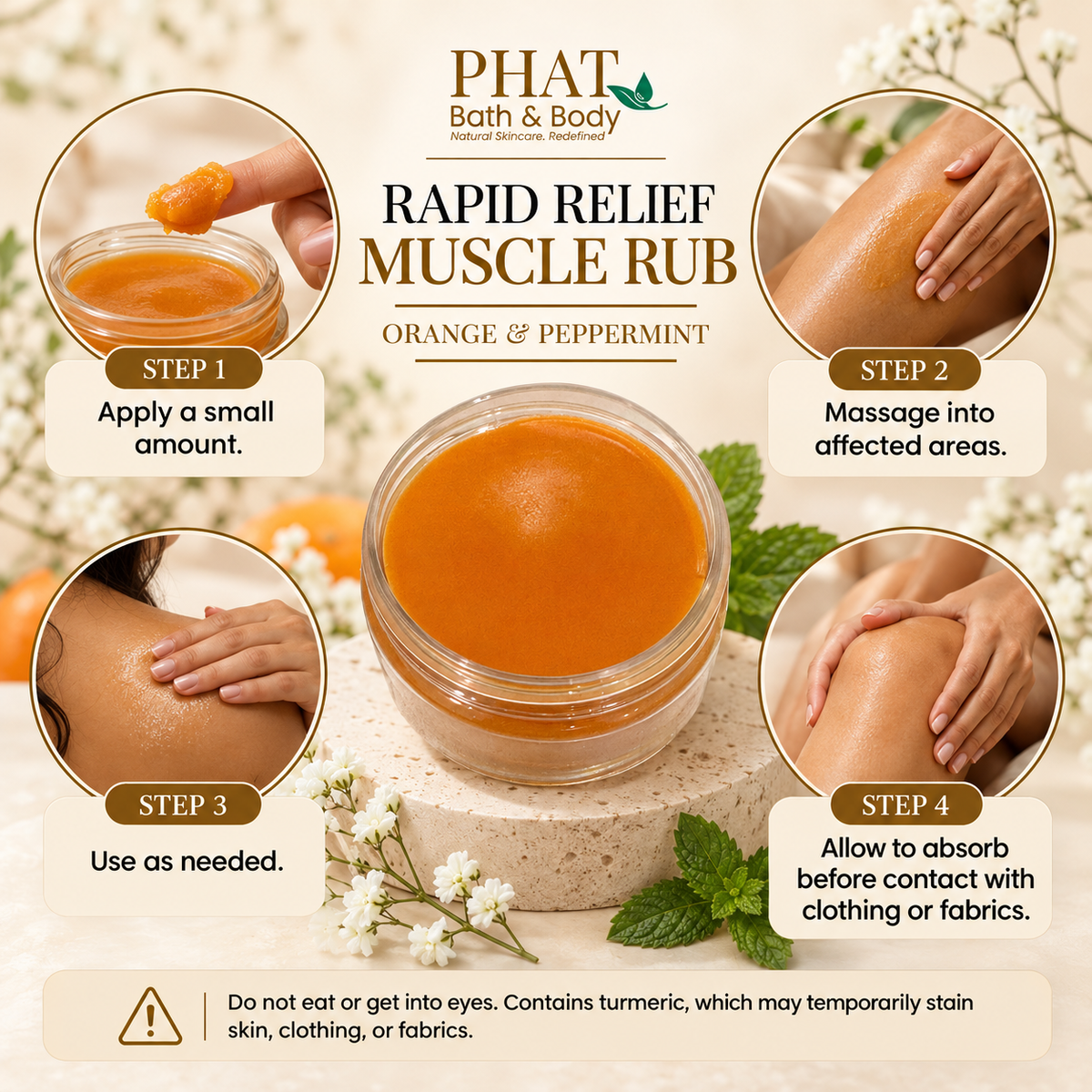 Step-by-step Rapid Relief Muscle Rub application guide showing how to apply a small amount of orange balm, massage it into shoulders, legs, or other targeted areas as needed, and allow it to absorb before dressing. Includes a caution about turmeric staining clothing and skin.