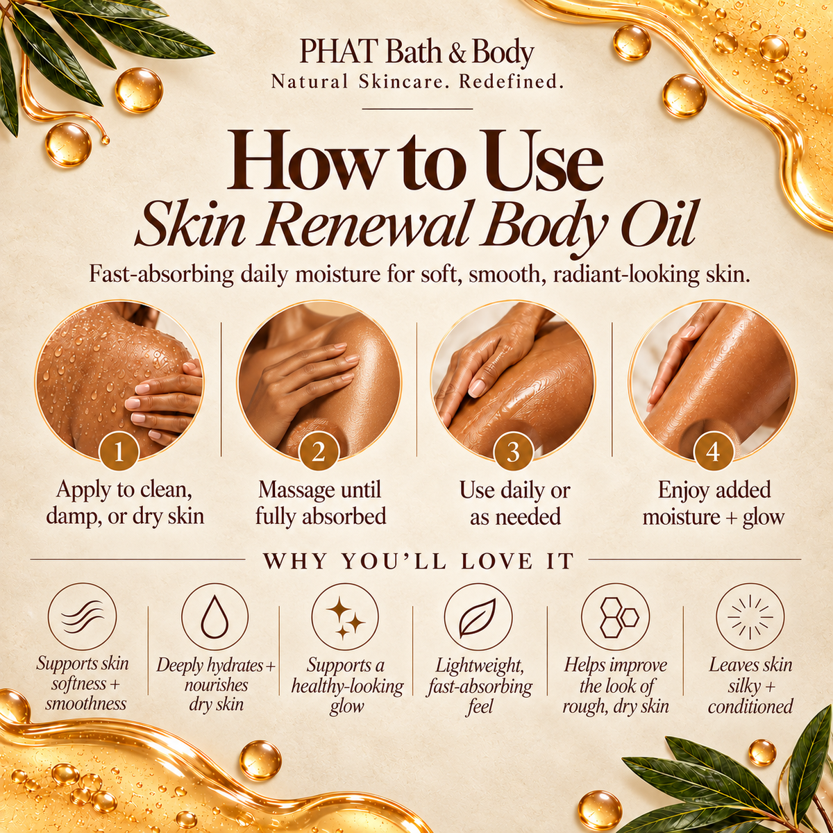 Phat Bath & Body Skin Renewal Oil application guide showing four steps: apply to clean, damp or dry skin, massage until absorbed, use daily or as needed, and enjoy soft, hydrated, radiant-looking skin. Features skincare application photos and key moisturizing benefits.